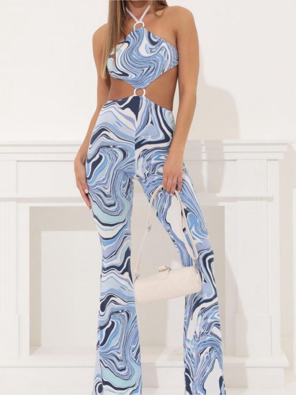 Lucy in the Sky Blue Marble Halter Cutout Jumpsuit